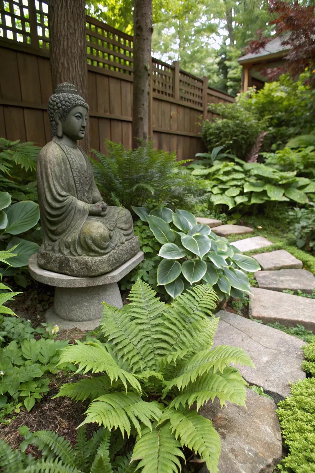 Lush greenery creates a calming backdrop for your Buddha statue.