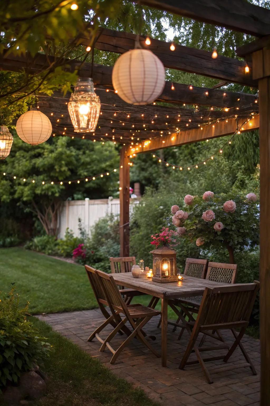 String lights and lanterns contribute a cozy glow to your campsite.