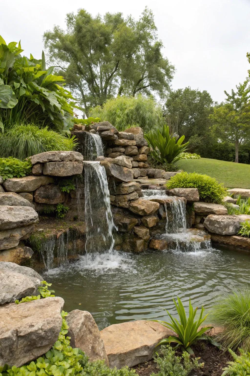Embrace nature with a rock waterfall that infuses serenity into your backyard.