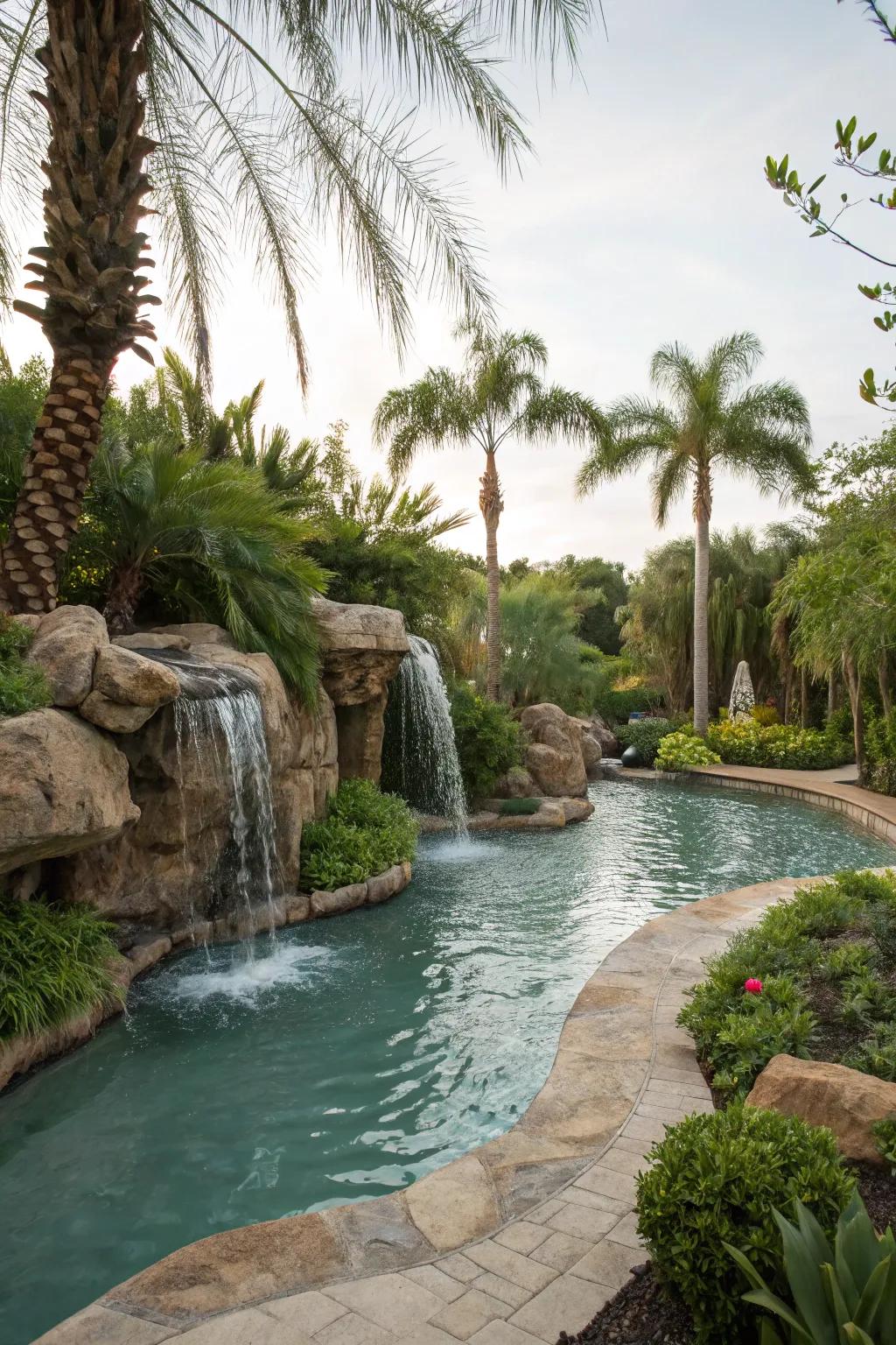 A cascade flowing into a meandering pool, introducing sophistication and calmness.