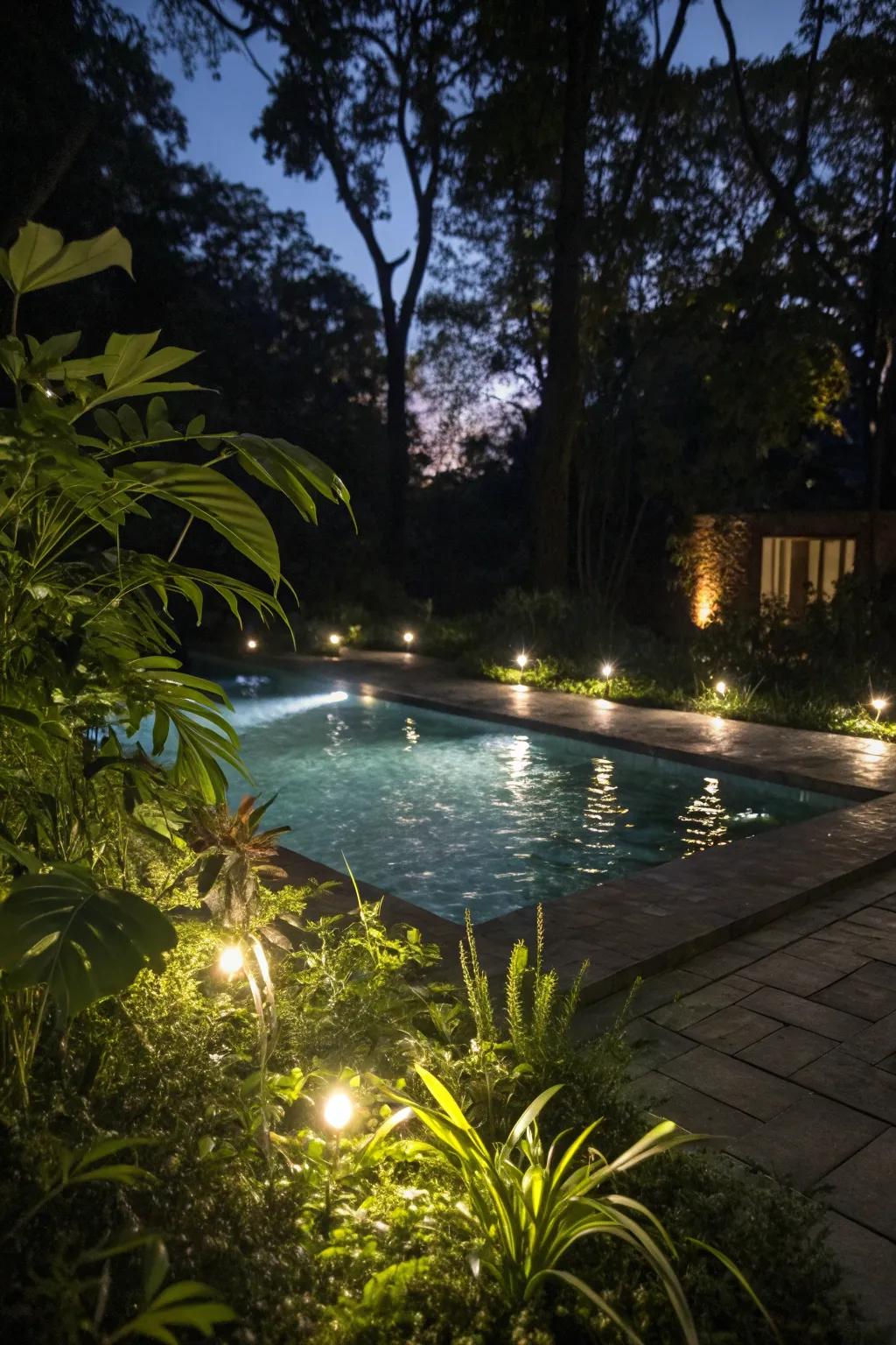 LED lighting creates a magical ambiance for night swimming.
