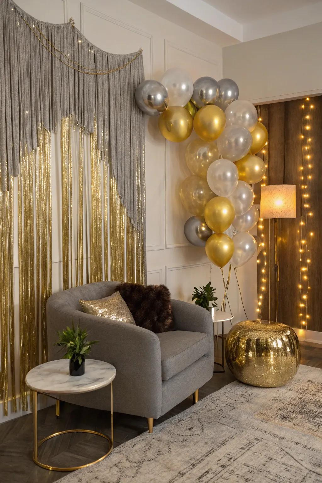 A glamorous metallic fringe and balloon backdrop ideal for celebratory occasions.