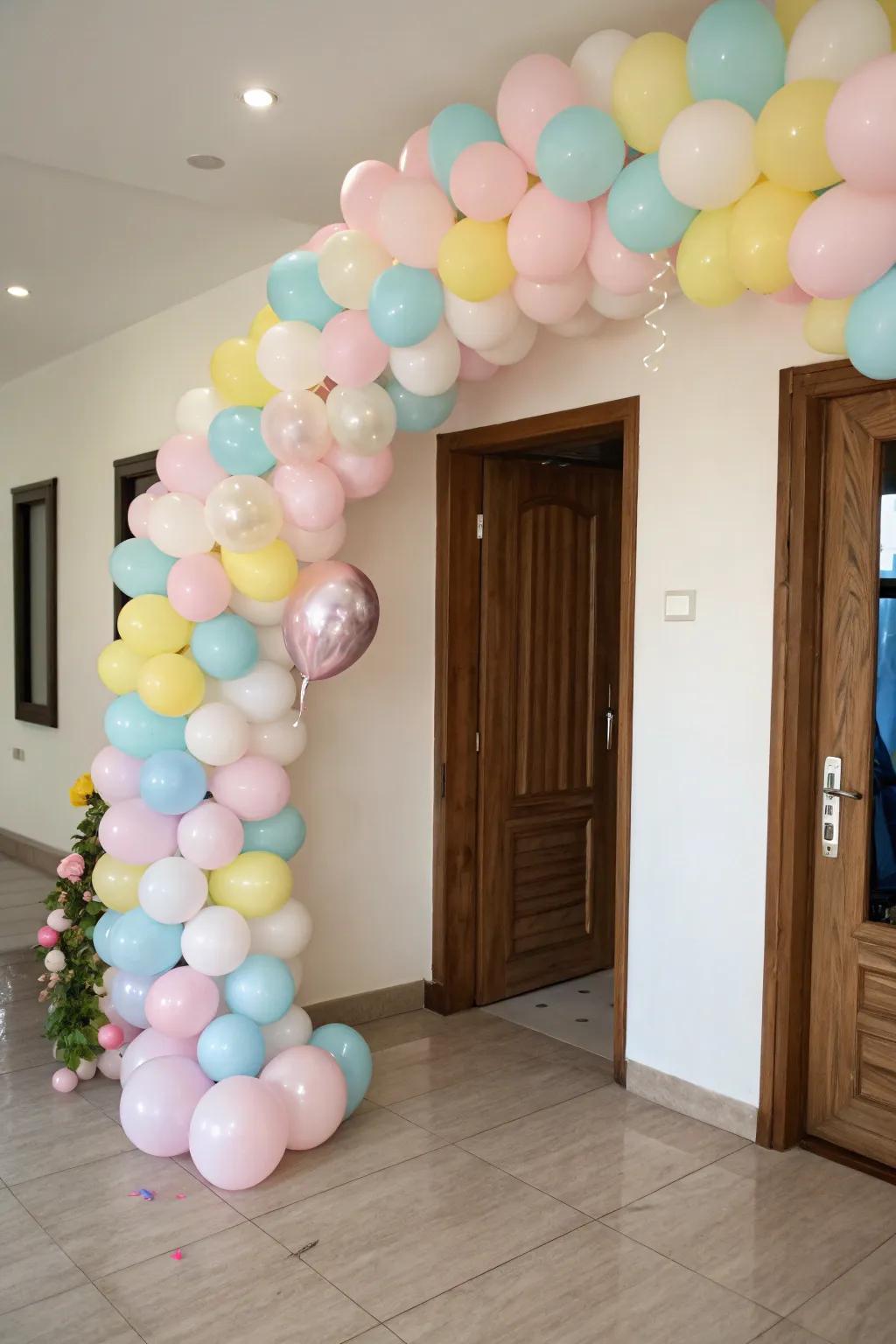 A welcoming balloon streamer establishes a cheerful atmosphere at the entranceway.