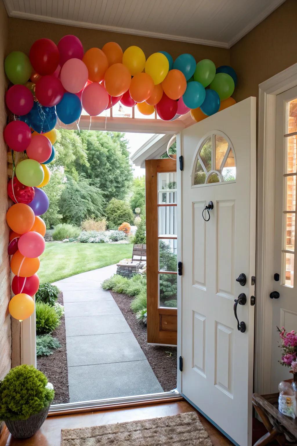 A vibrant balloon garland creating a festive and inviting entryway
