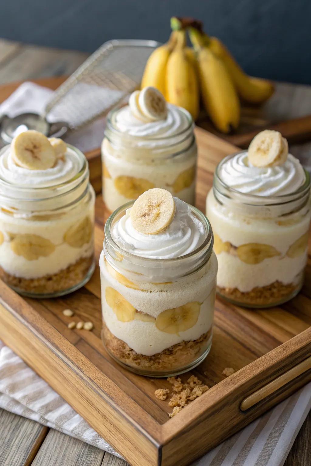 Glass holders brimming with banana pudding offer a delightful and practical serving idea.