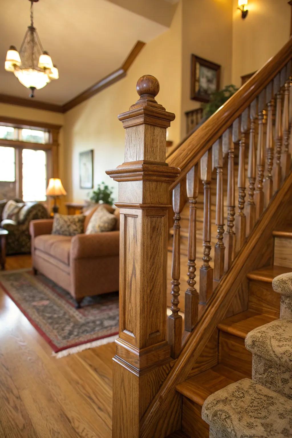 Timeless sophistication is achieved with a traditional wooden railing.