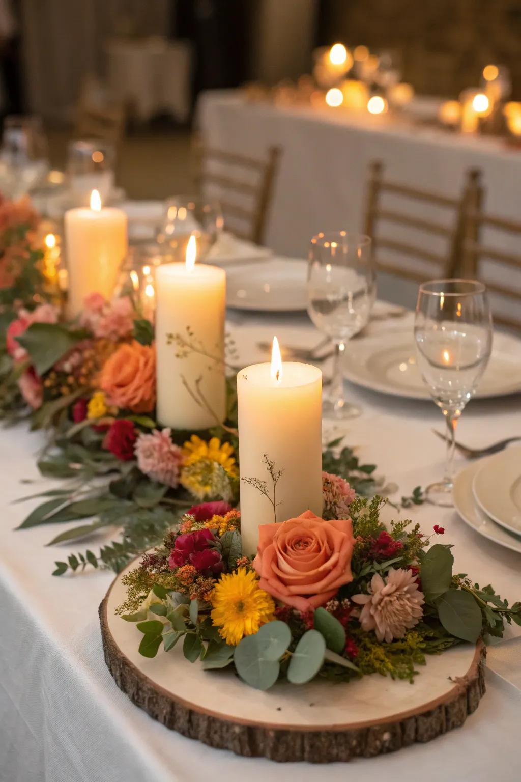 Candles nestled within floral arrangements, casting a cozy glow.