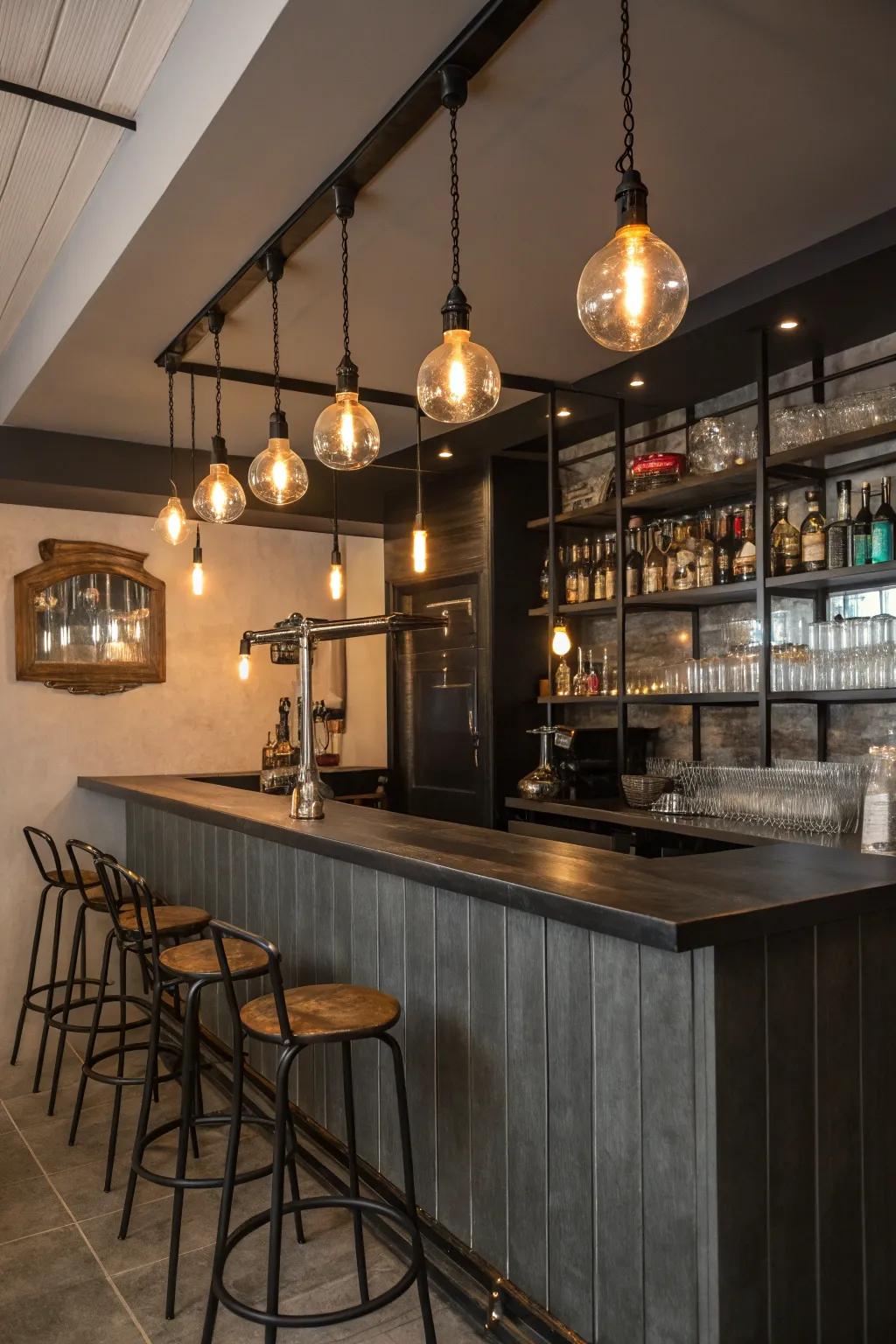 Industrial lighting enhances the bar with a raw feel.