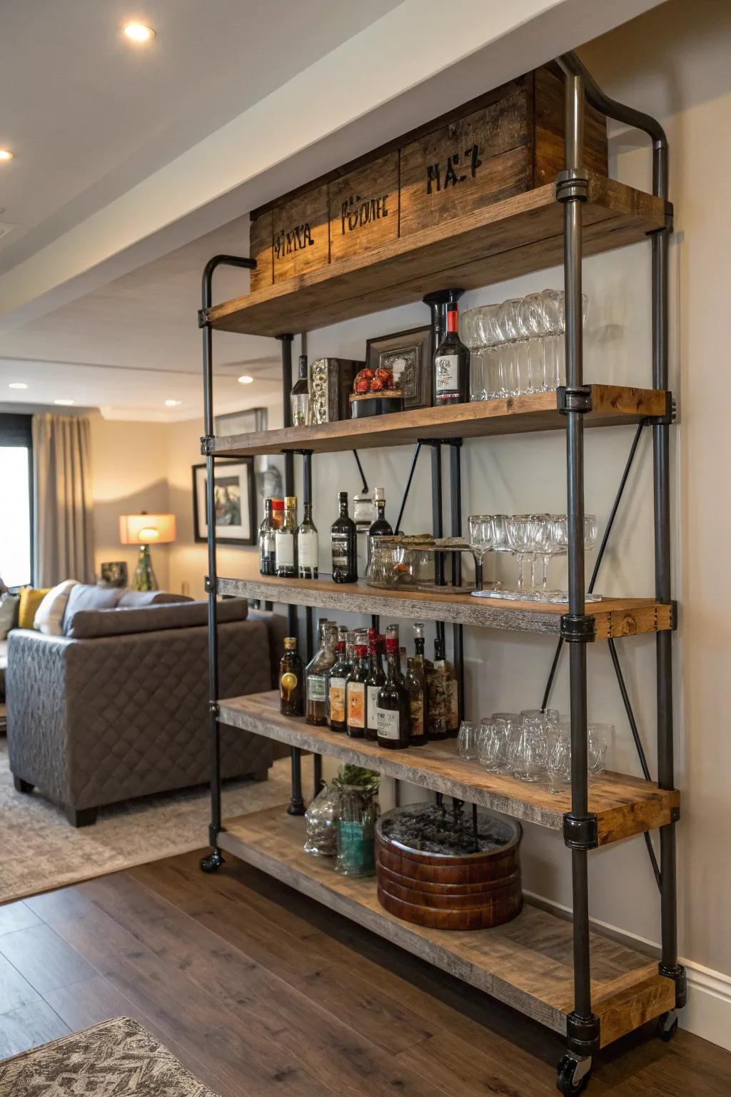 Iron shelves introduce an edgy element to your bar.