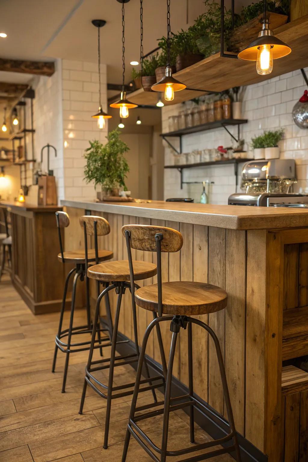 Rustic bar stools adding warmth to the kitchen.