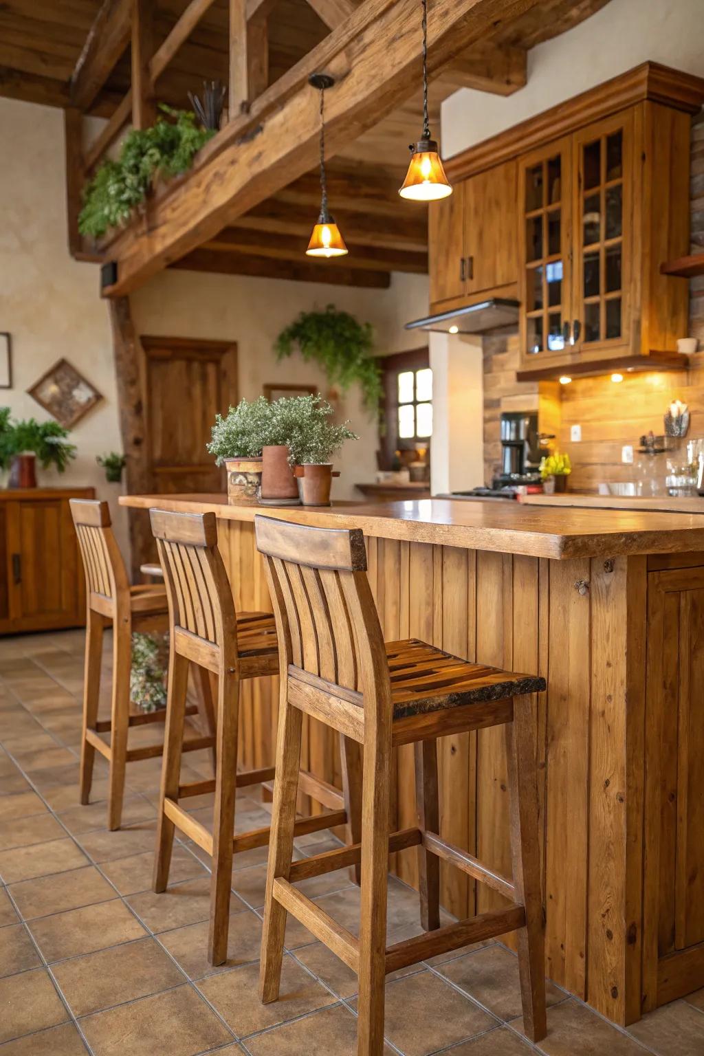 Timber bar stools with backs radiating country warmth.