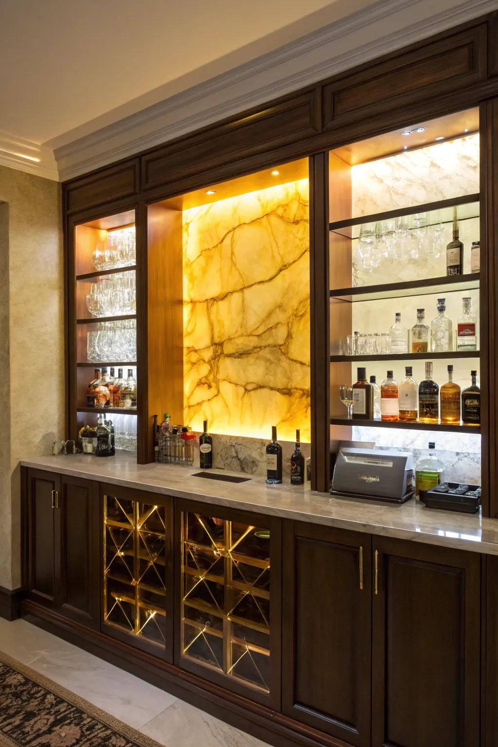 Incorporate dramatic flair with a backlit marble wall that wonderfully illuminates your bar.