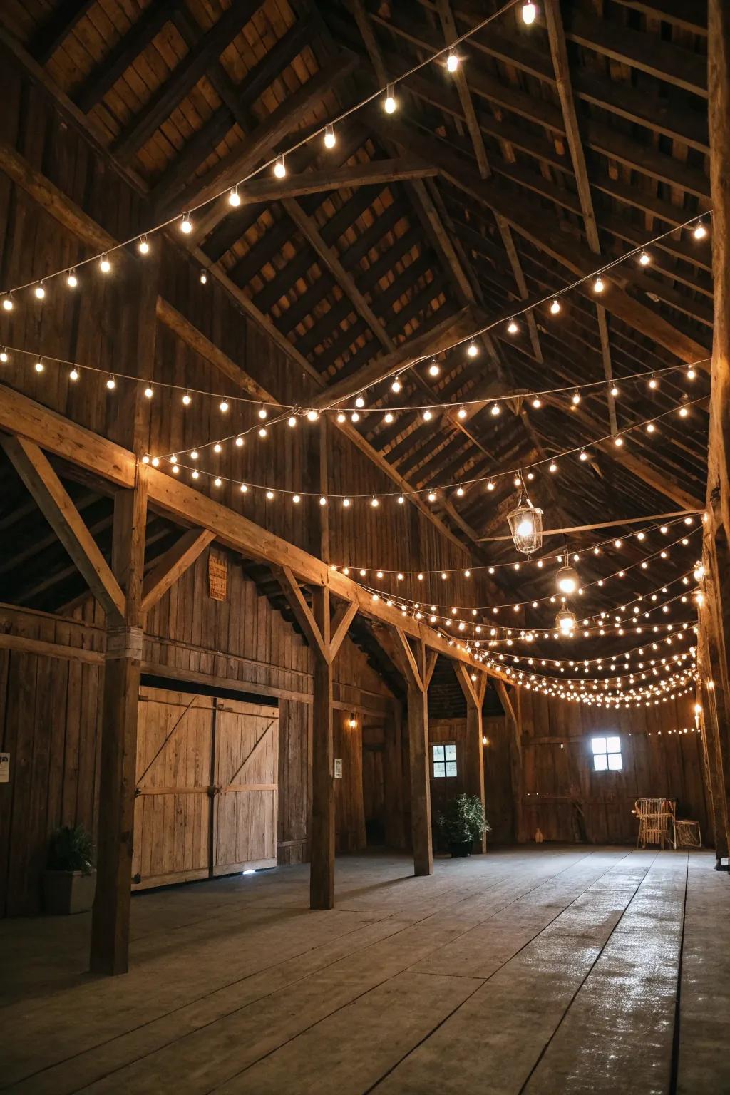 Fairy lights cast a magical glow over the barn dance scene.