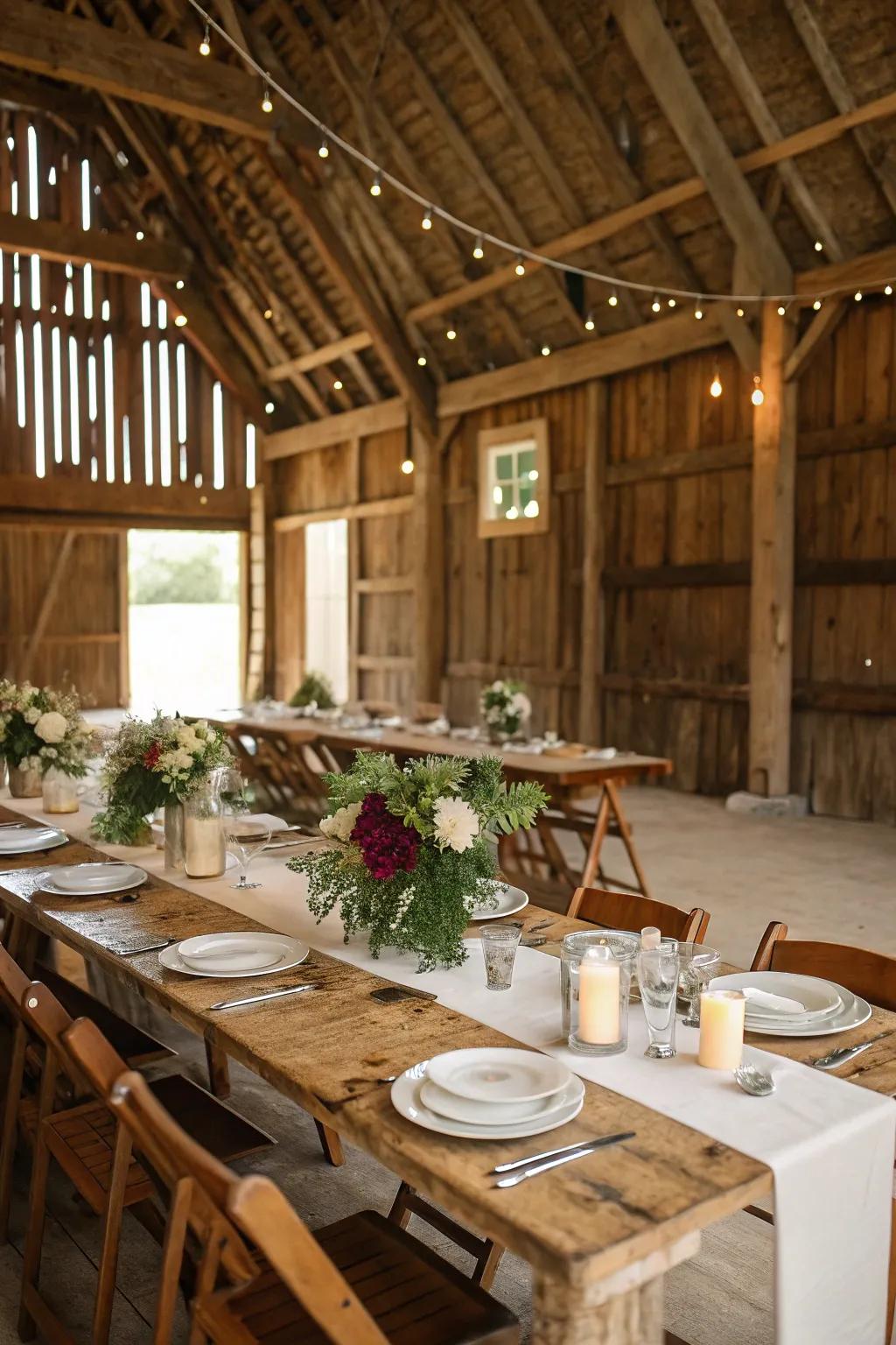 Country style wood tables create the ambiance for barn elegance.