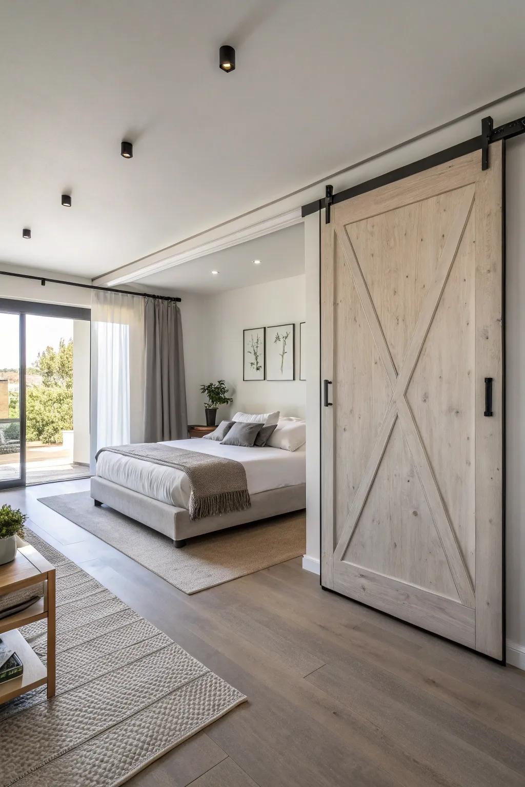 A minimalist bedroom with a sleek barn door, embodying modern elegance.