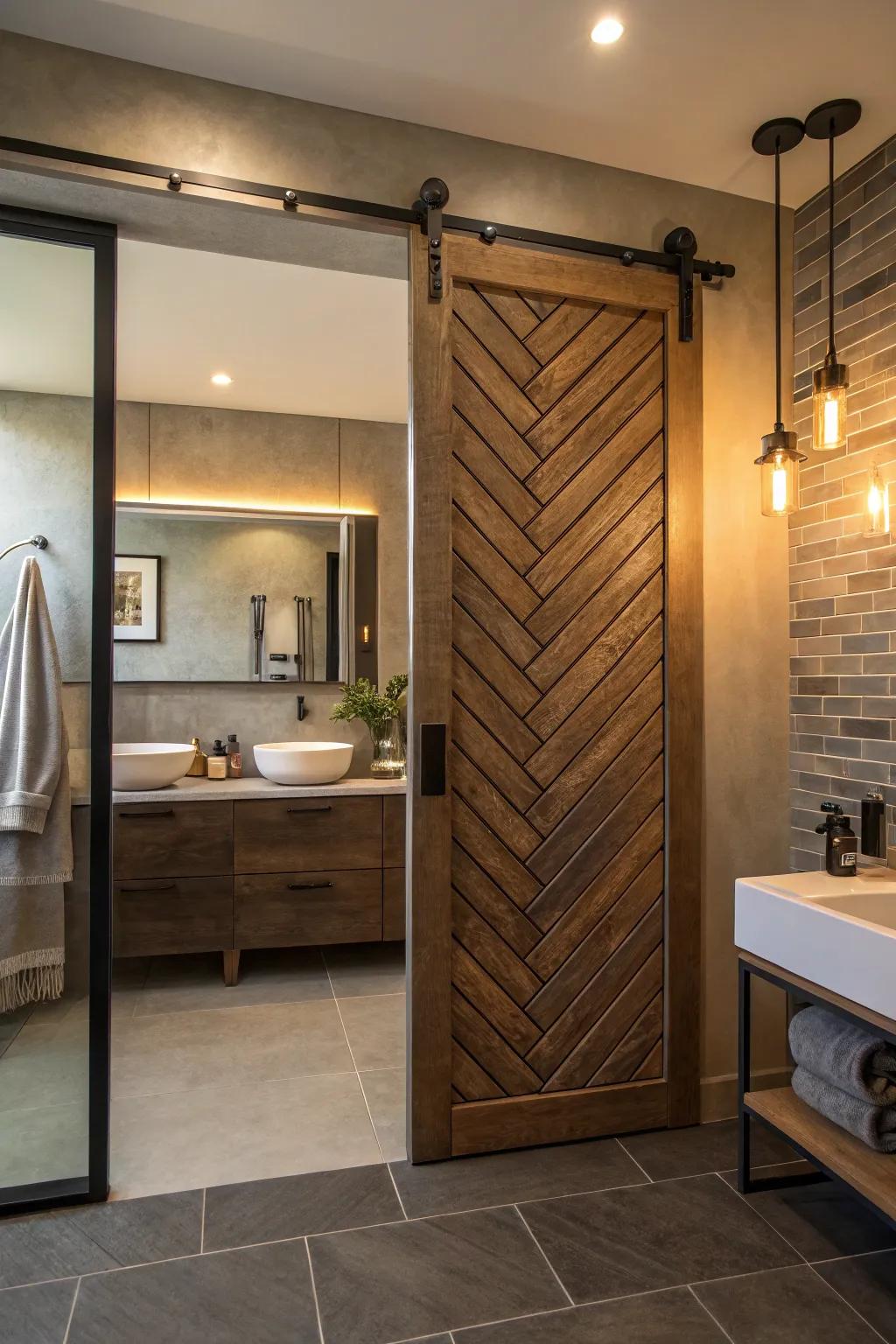 Chevron patterns bring a dynamic flair to a modern bathroom.