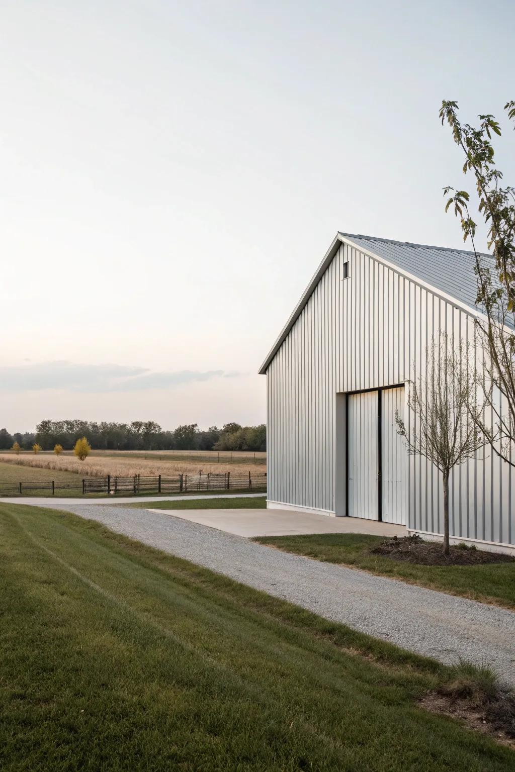 A modern barn displays metal panel siding, radiating a sense of today's elegance.