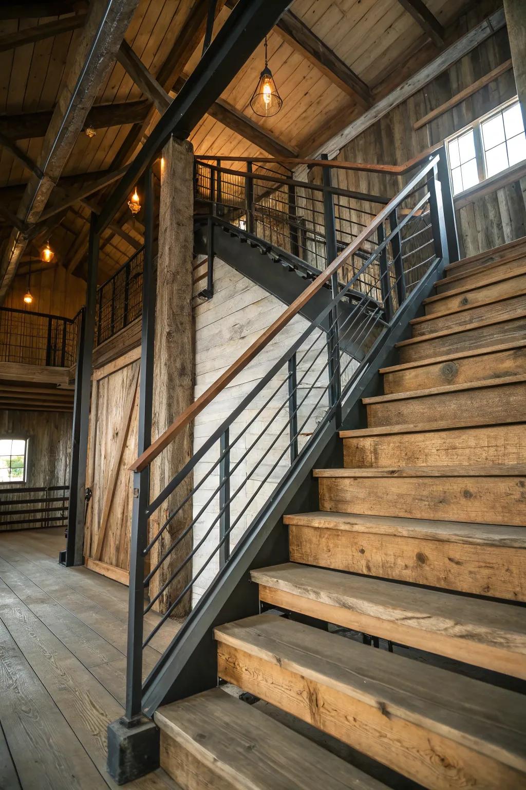 Where timber meets metal: an industrial-inspired barn staircase design.