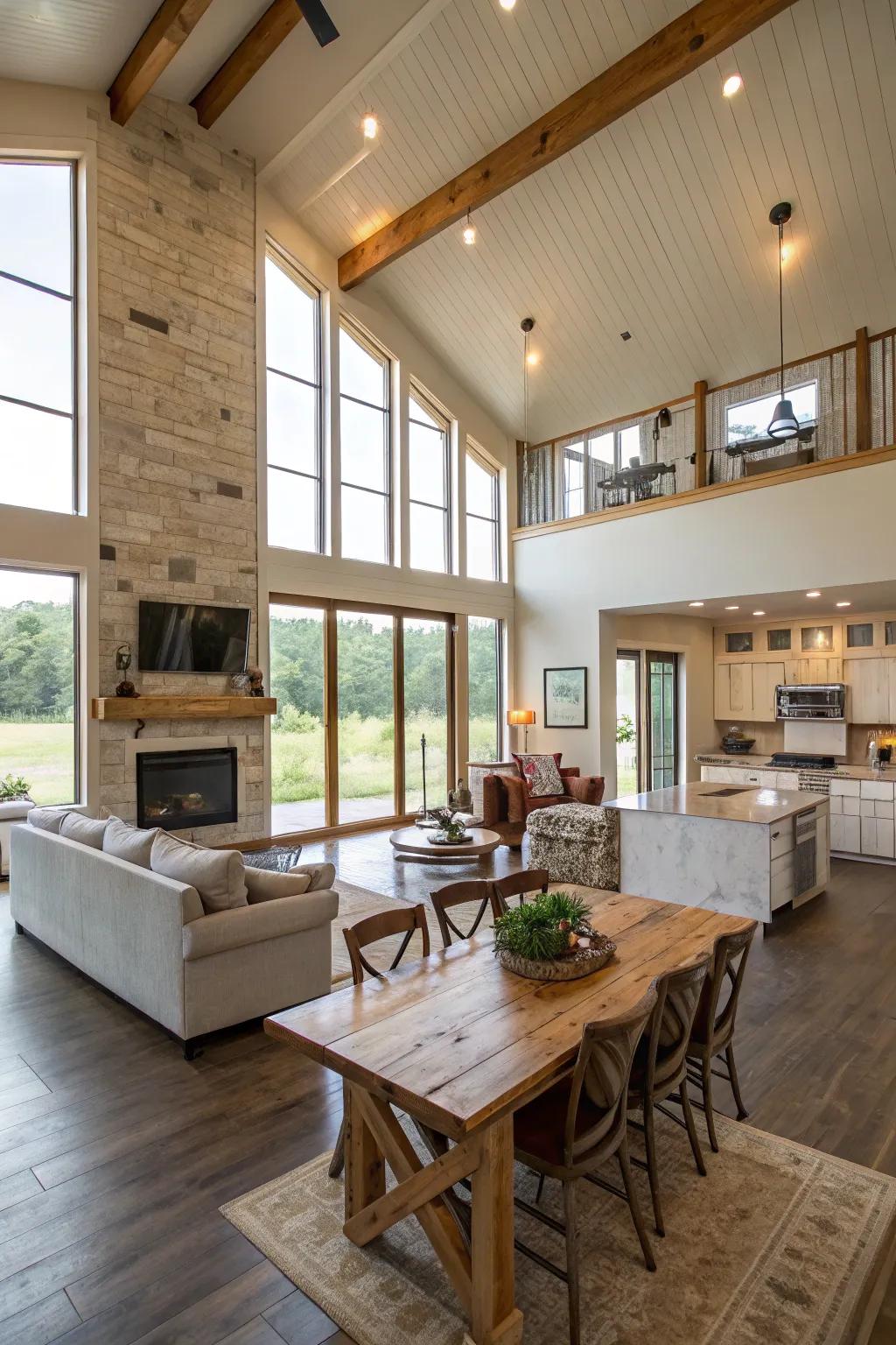 An expansive and welcoming unrestricted layout defines this barndominium.