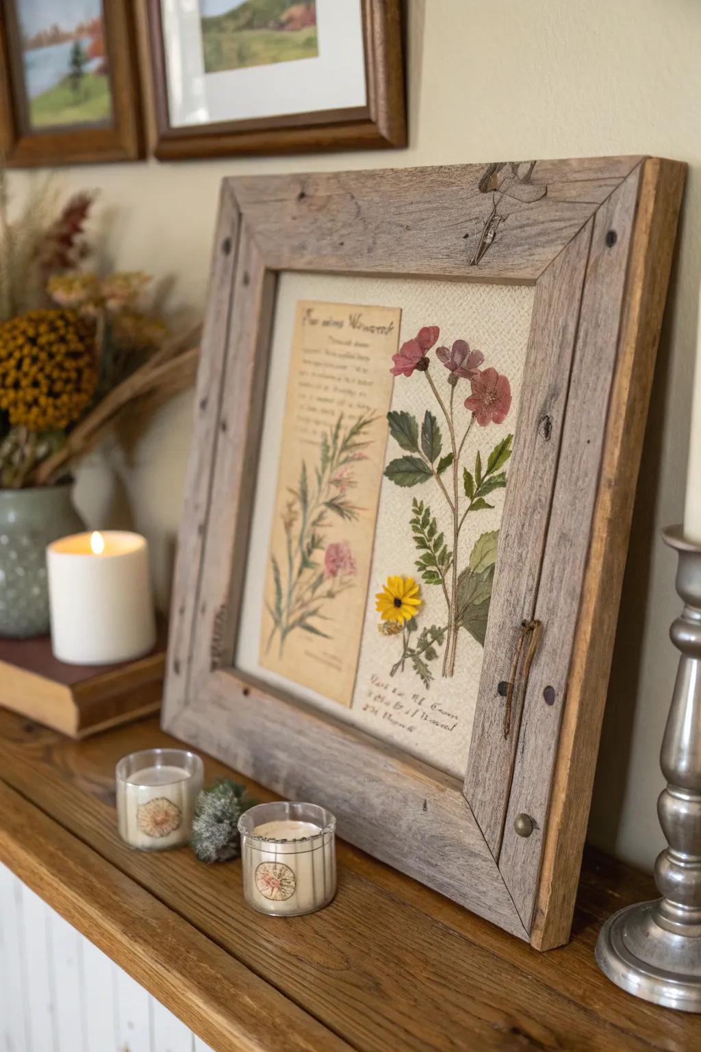 Reclaimed wood frame showcasing an antique map and dried botanicals.