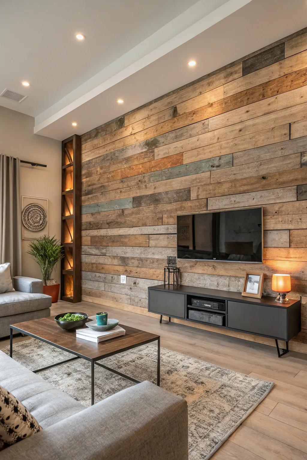 A barnwood wall showcasing an assortment of patterns and hues.