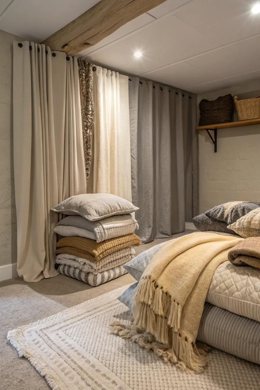 Layered textiles in warm shades fashion a snug haven within this basement bedroom.