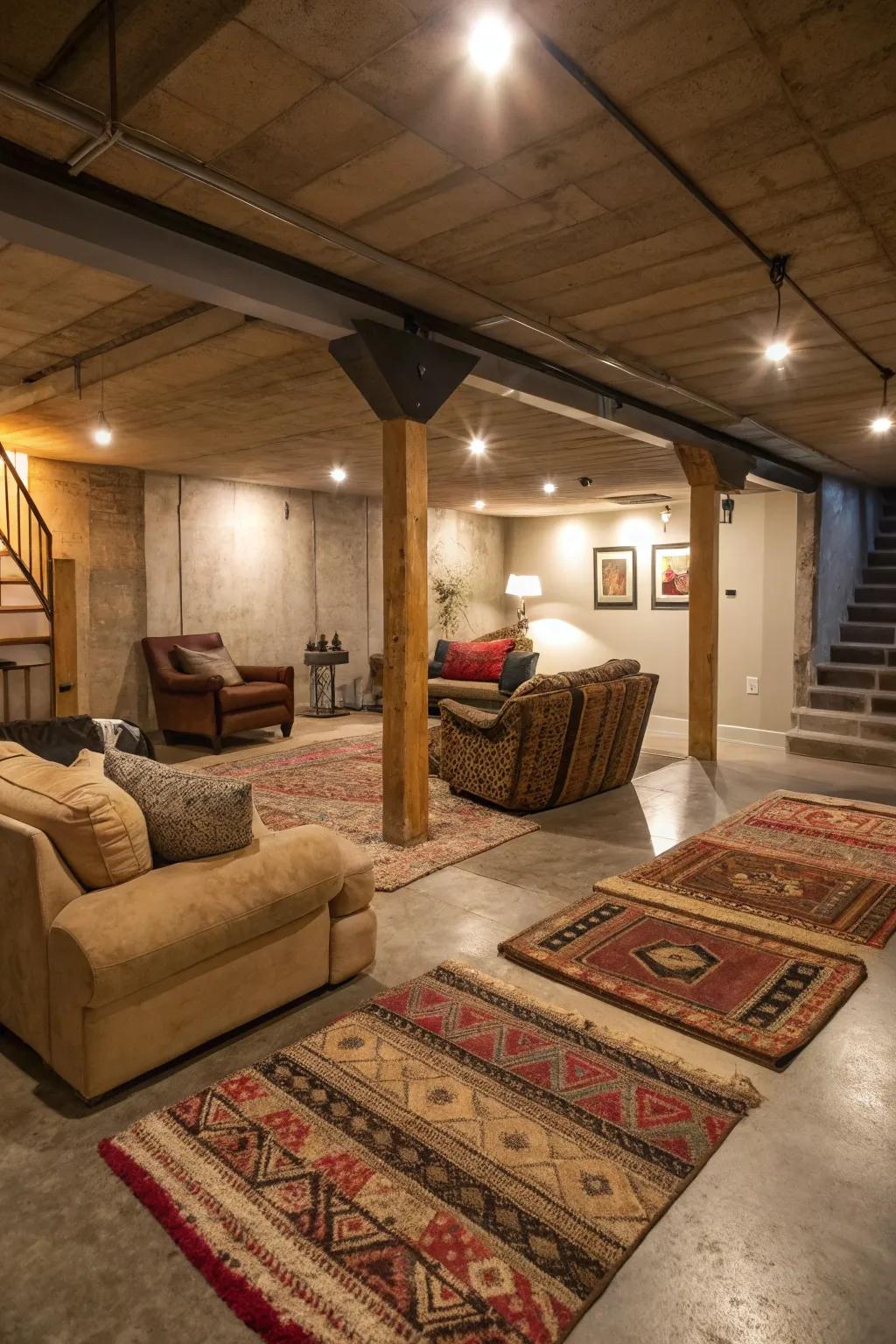 Layered rugs bring warmth and character to a concrete-floored basement.