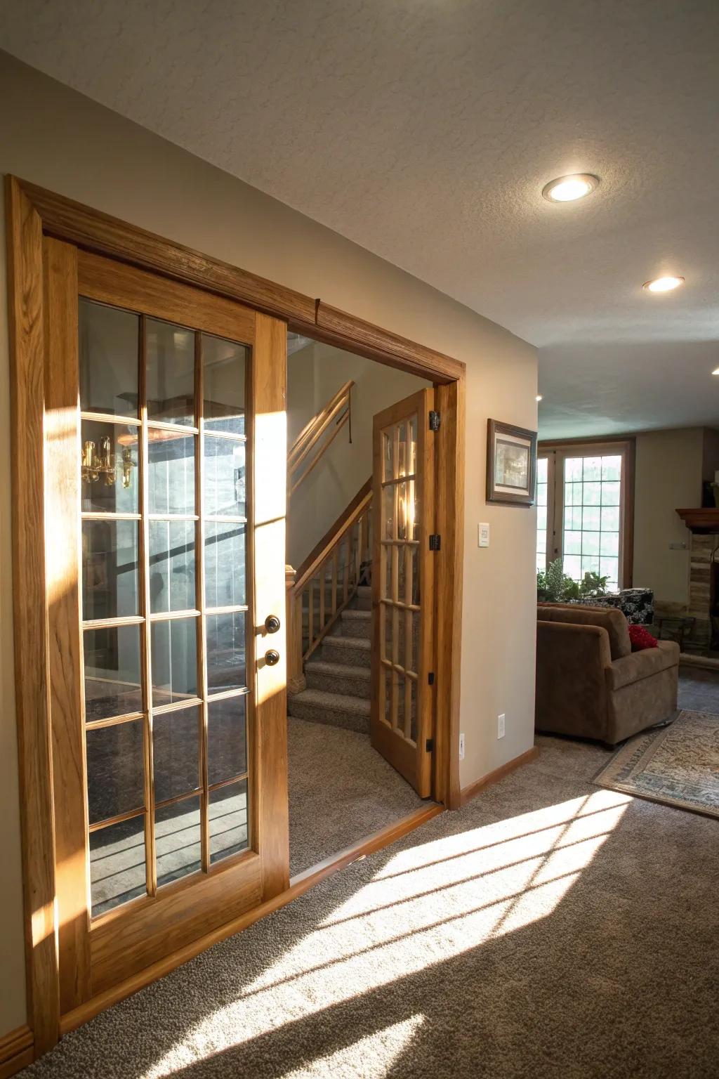 A glass door fills the basement with light, fostering an inviting ambiance.