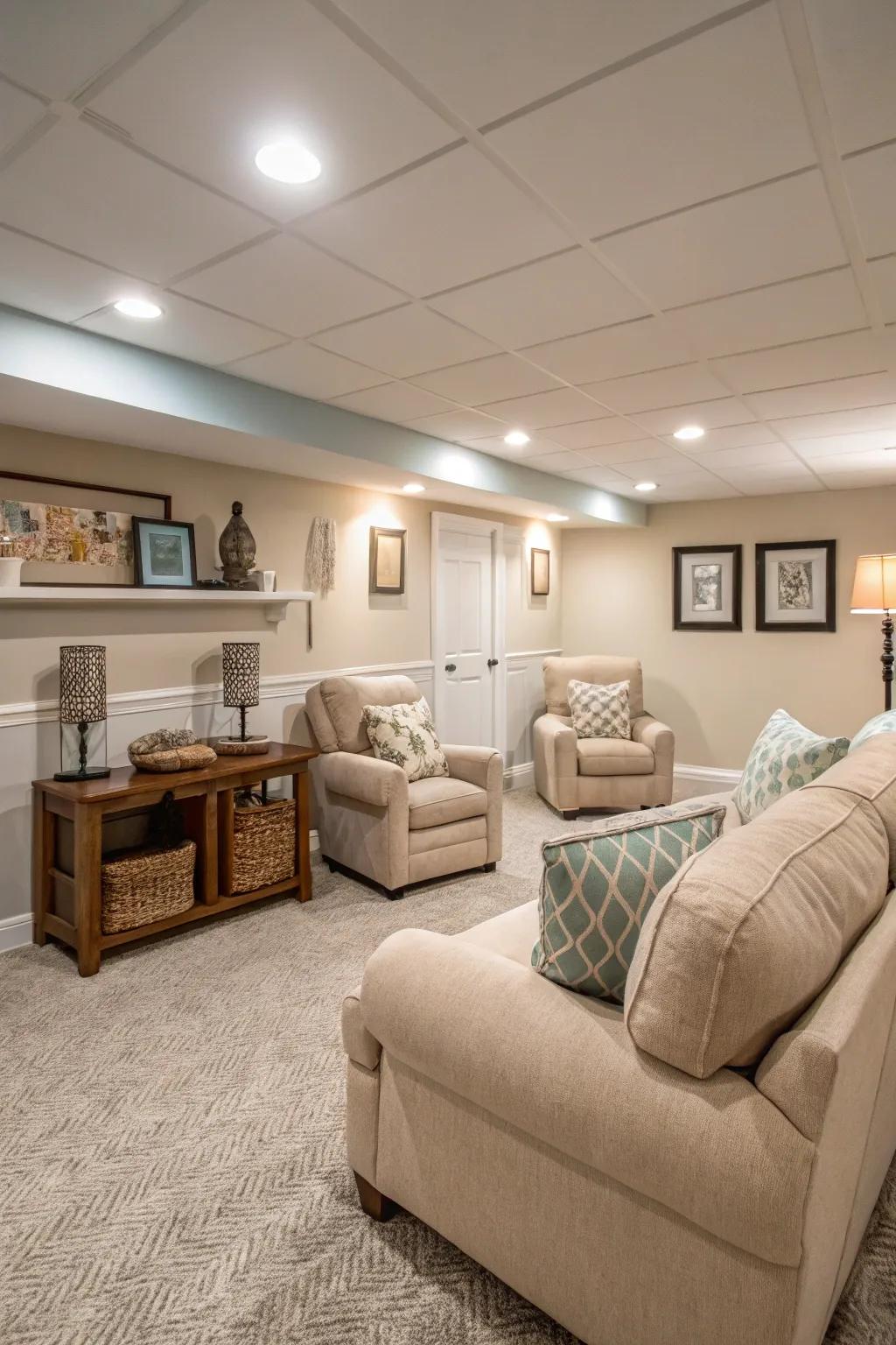 Neutral shades create a peaceful and expansive vibe in this basement.