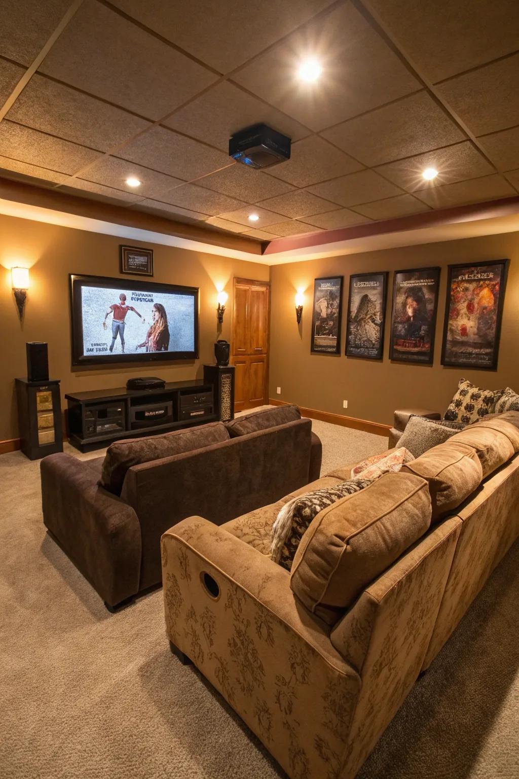 A sizable flat-screen TV is a stunning point of interest within your media room.