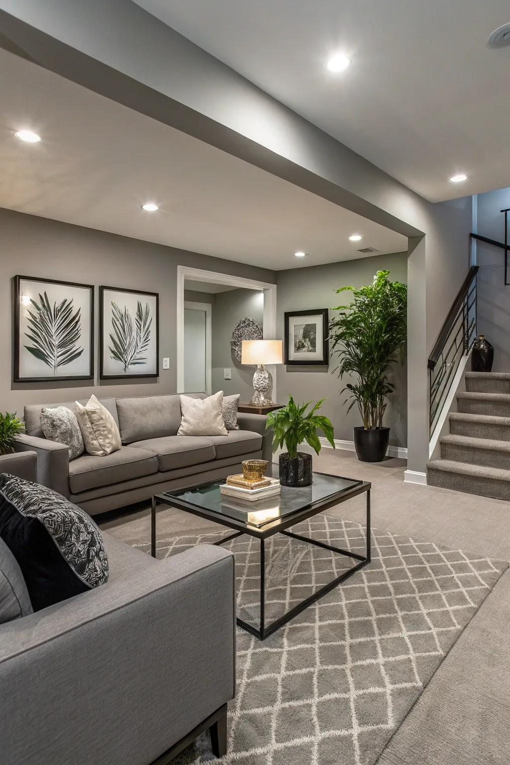 Walls painted in soft gray lend a modern touch to this basement.