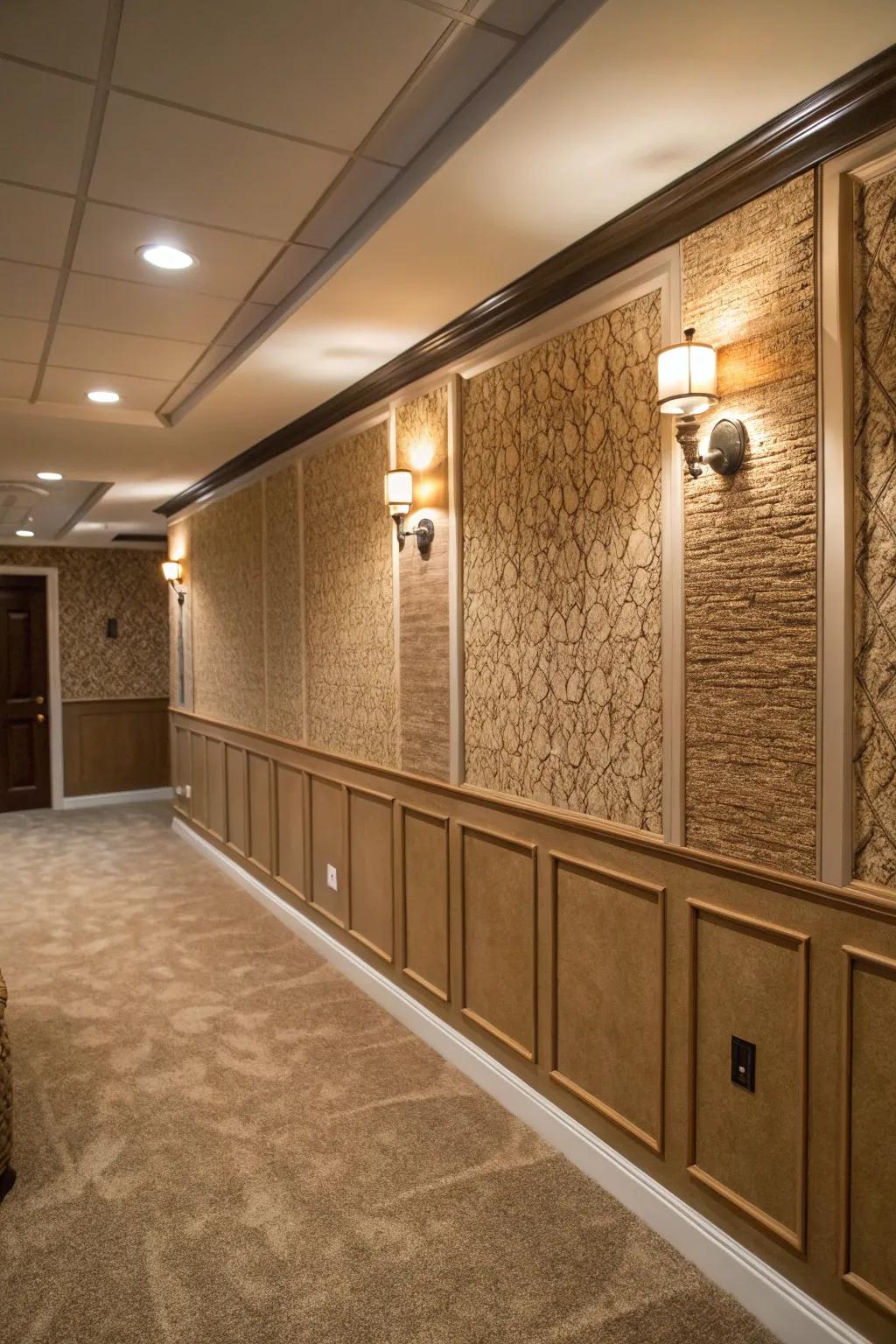 Textured panels add depth and interest to basement walls.