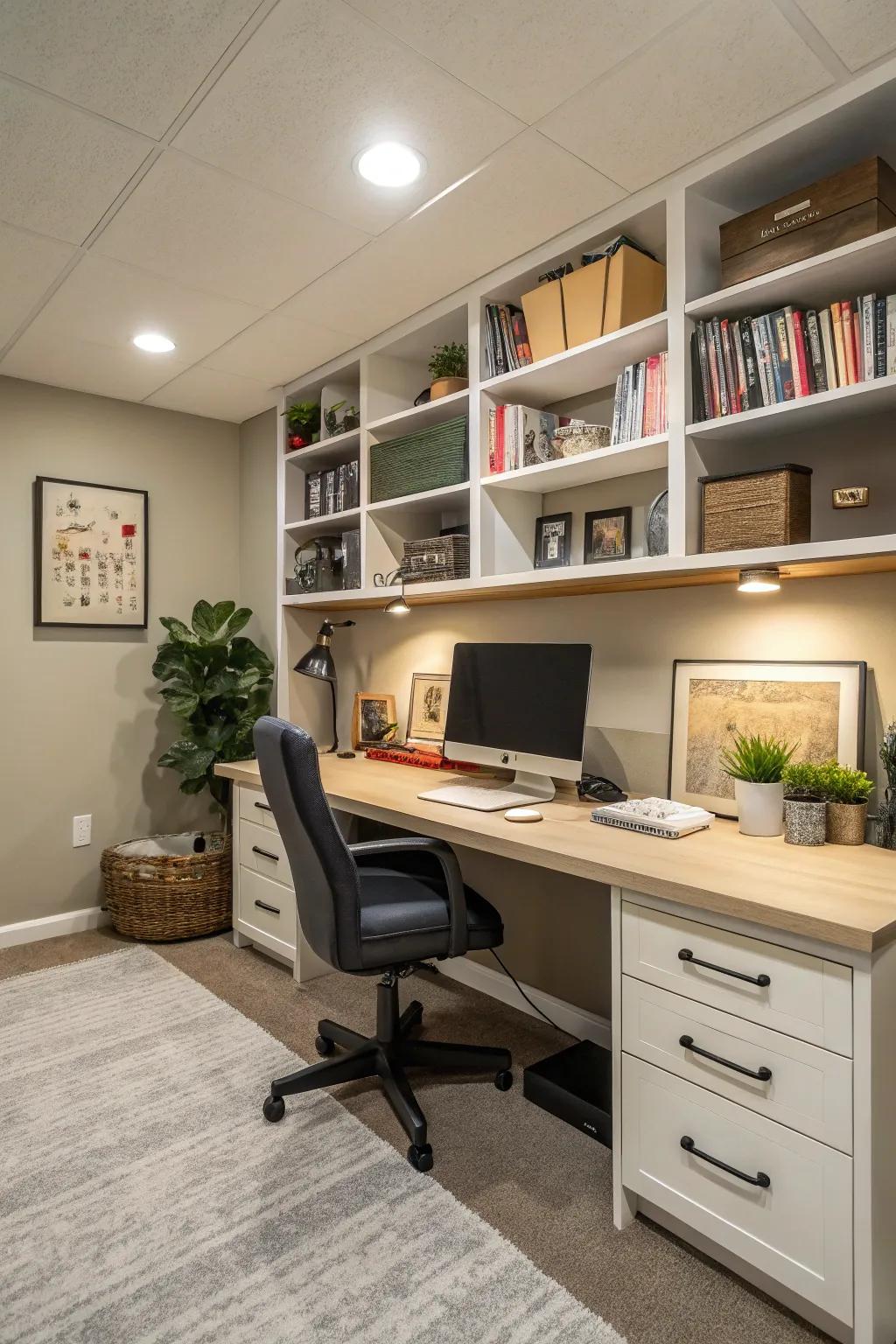A contemporary home office is nestled in the basement, boasting a broad desk and organized shelves.