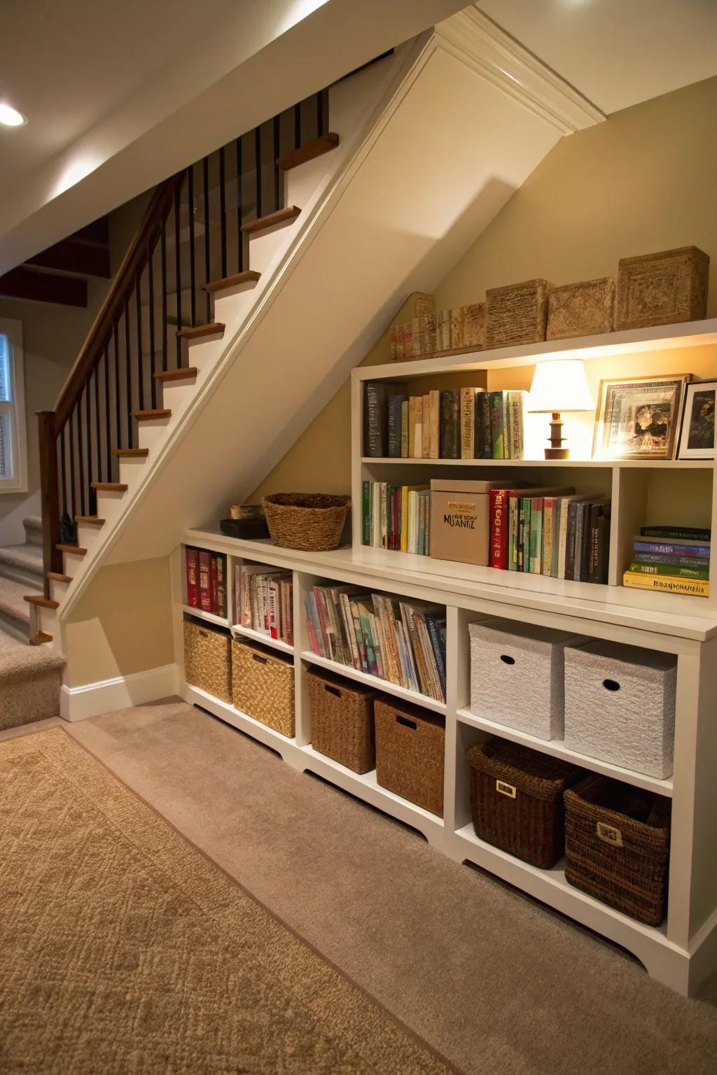 Maximize the potential of under-stair areas with customized shelving solutions.