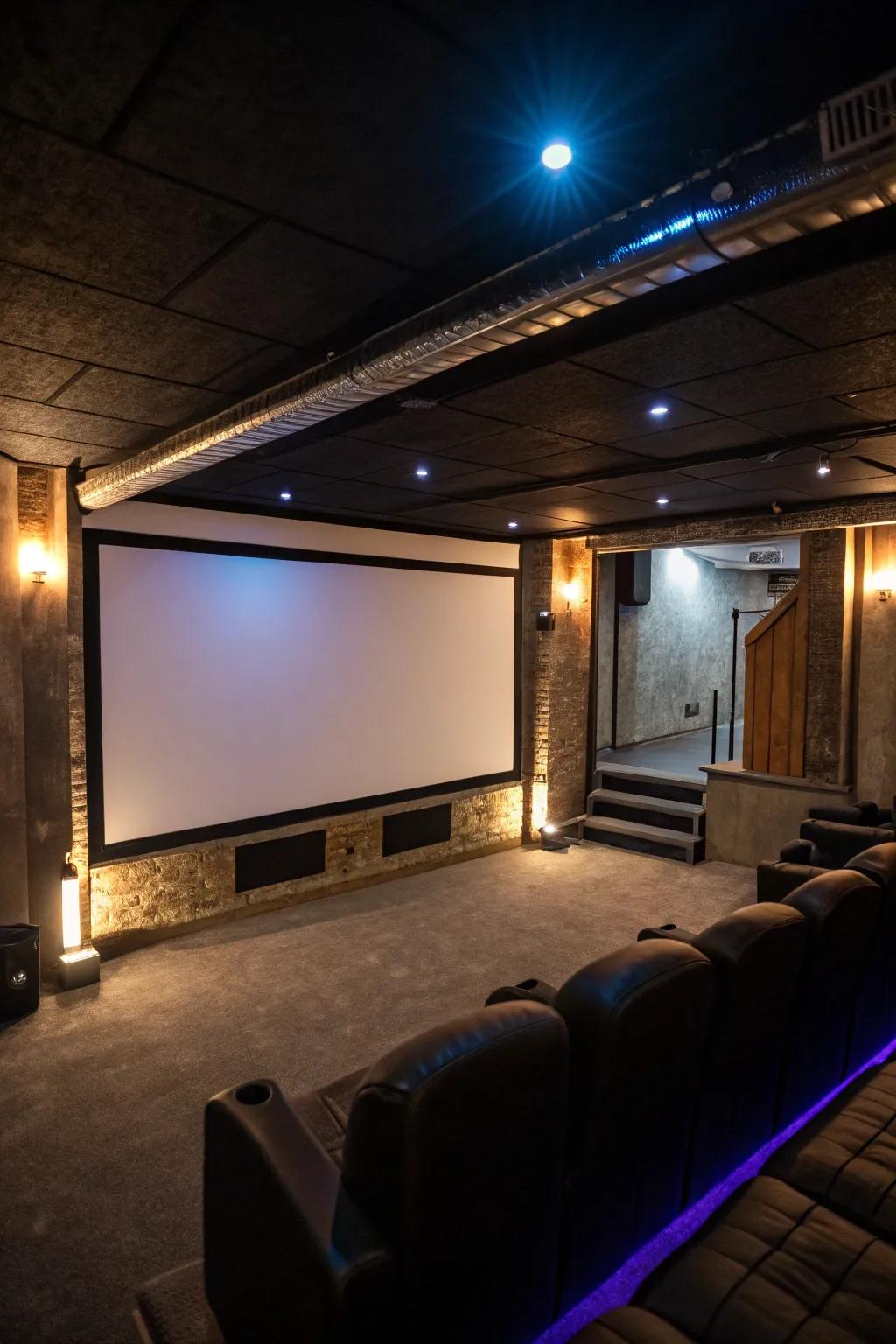 A sprawling display screen elevates the home theater to near-professional cinema levels.