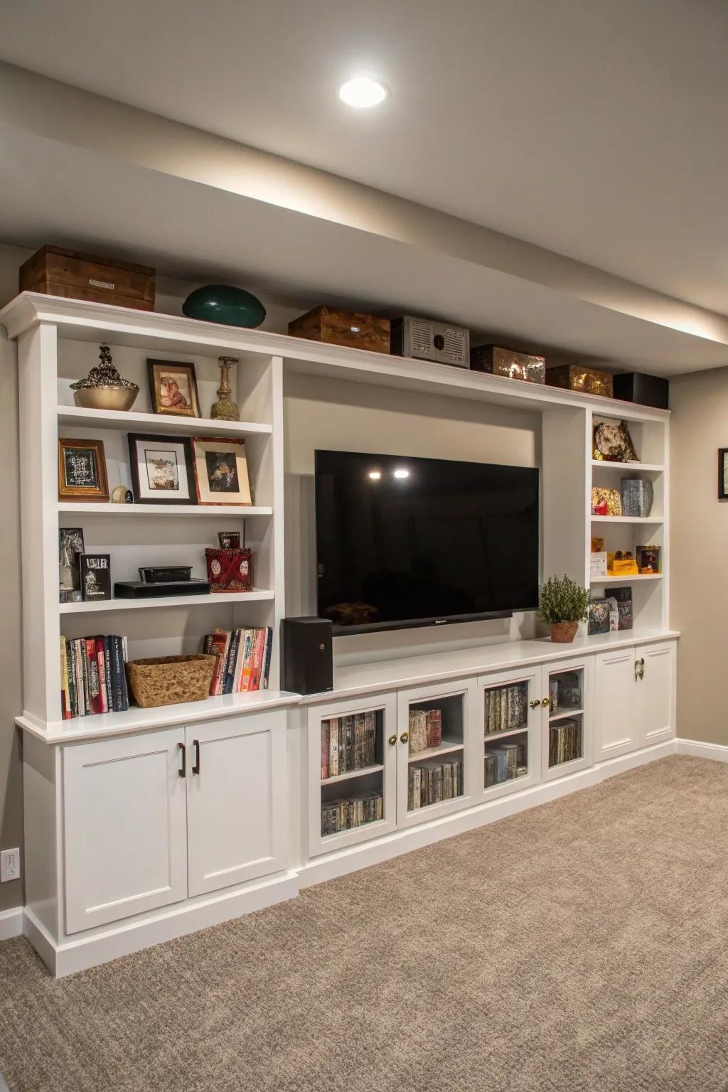 Basement TV feature with unified racking encircling a sprawling flat-screen TV for a stylish and utilitarian presentation.