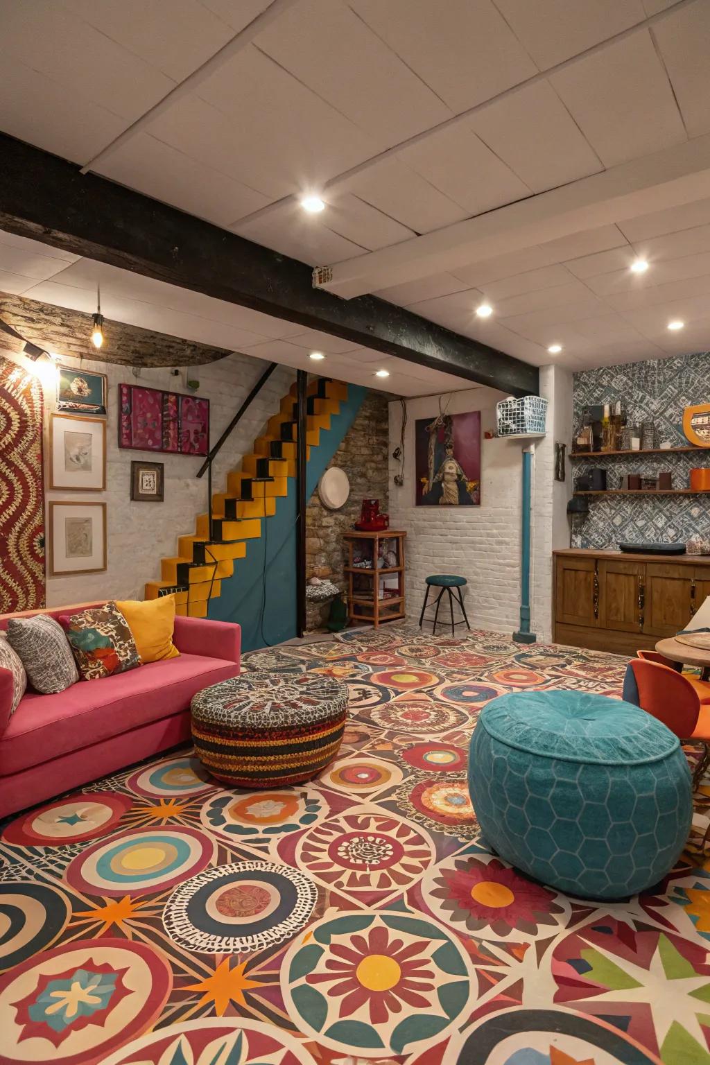 Your basement gains personality from patterned vinyl flooring.