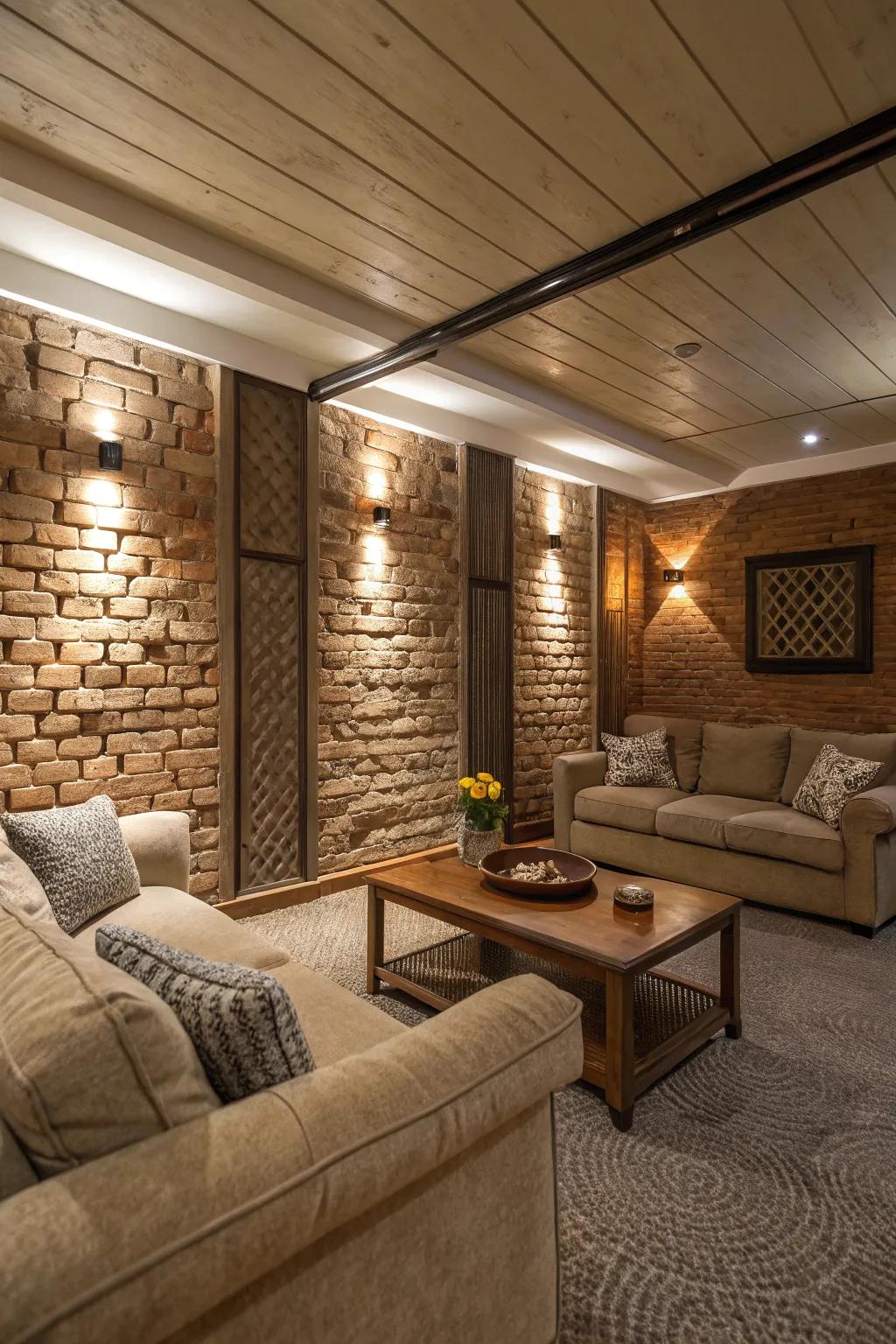 Dimensional textures add depth and warmth to basements.