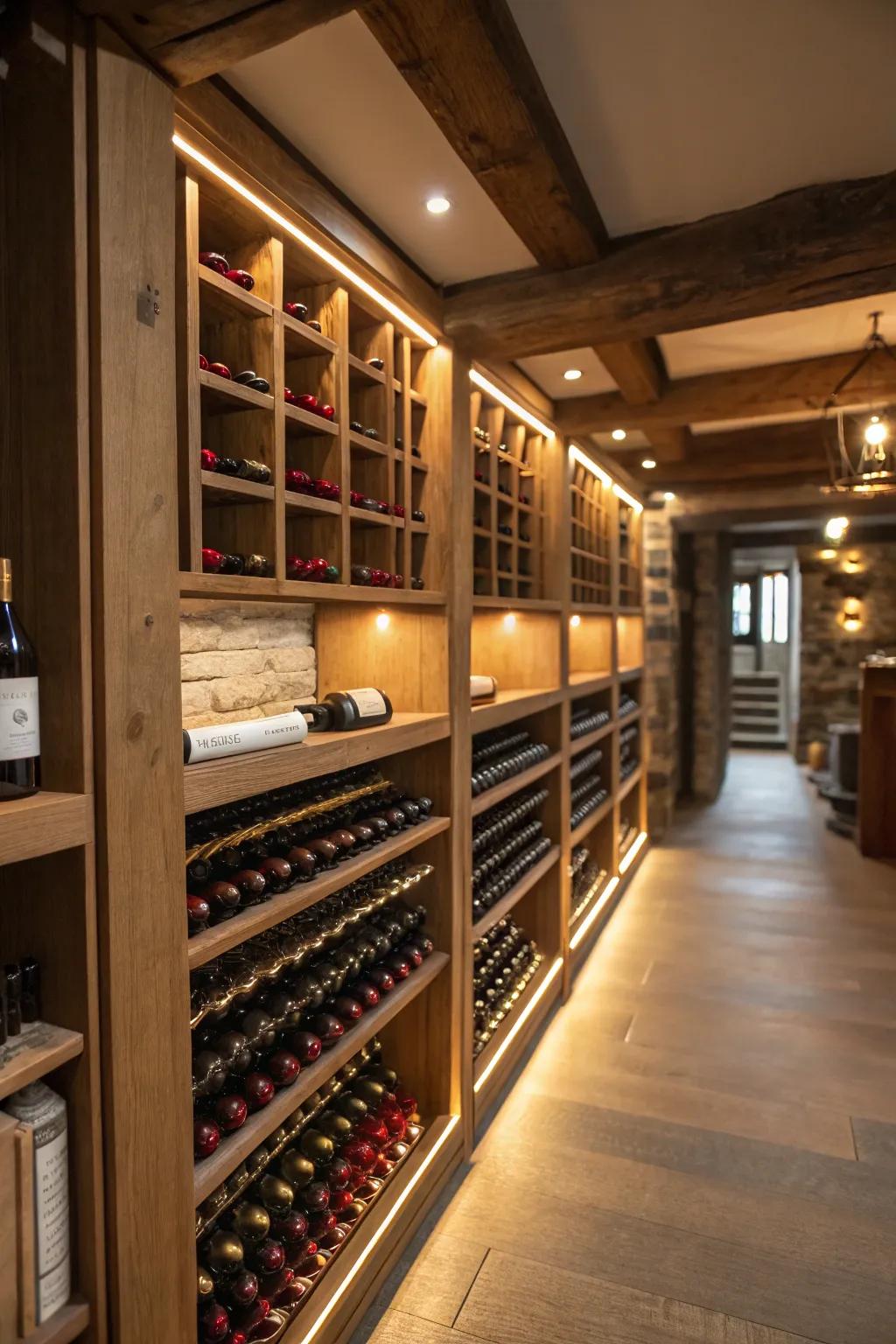 Ambient lighting enhances the atmosphere in a wine cellar.
