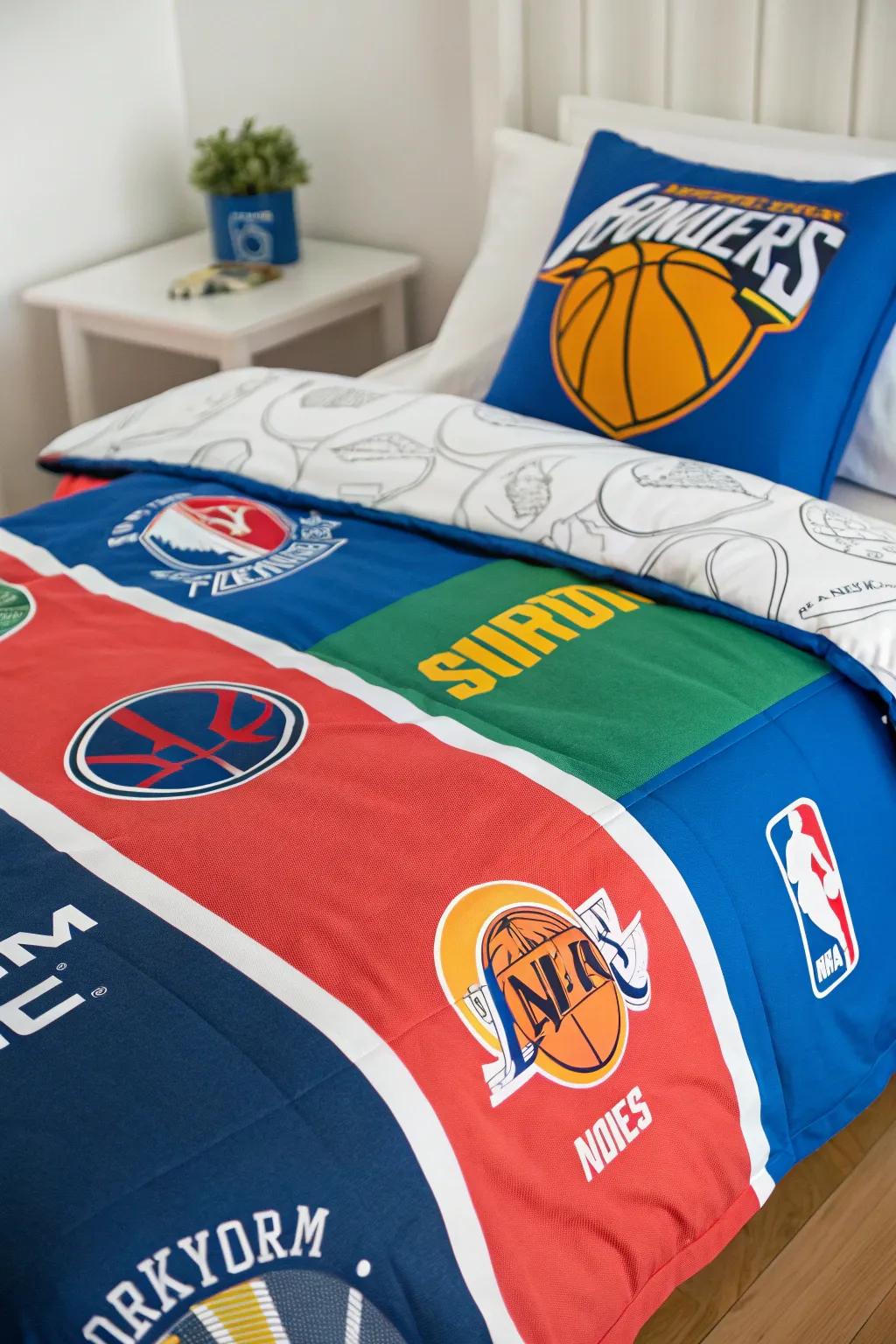 Bedding inspired by your favorite team adds a personalized flair to the basketball sanctuary.