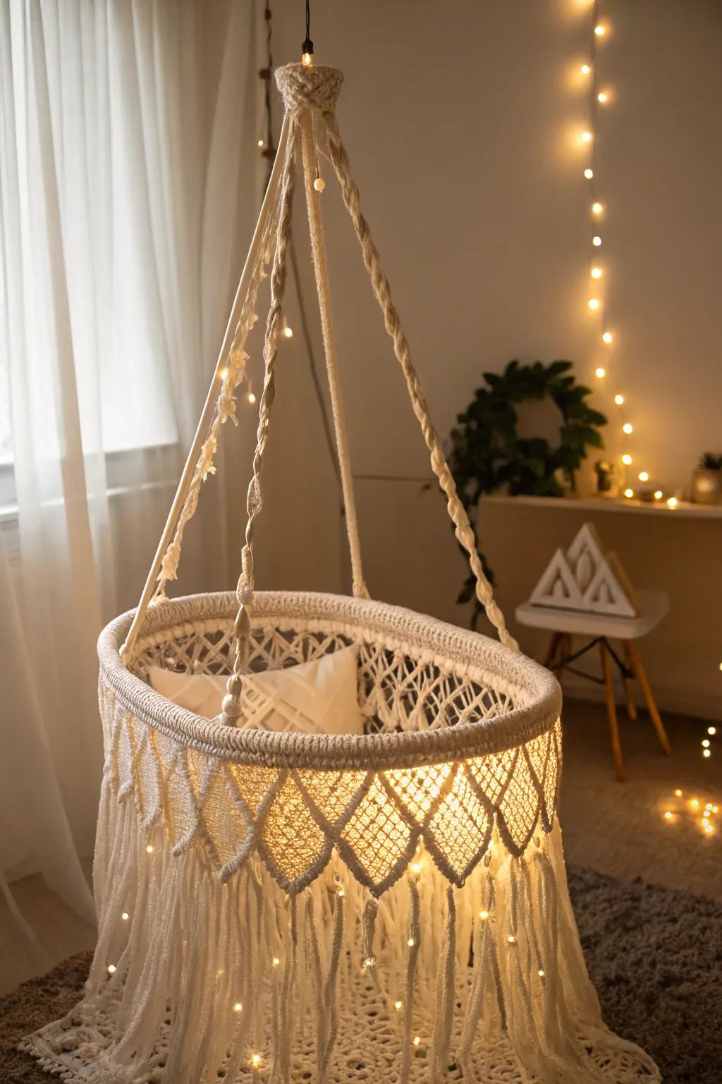 Bohemian sensations evoked by a hanging woven cradle.