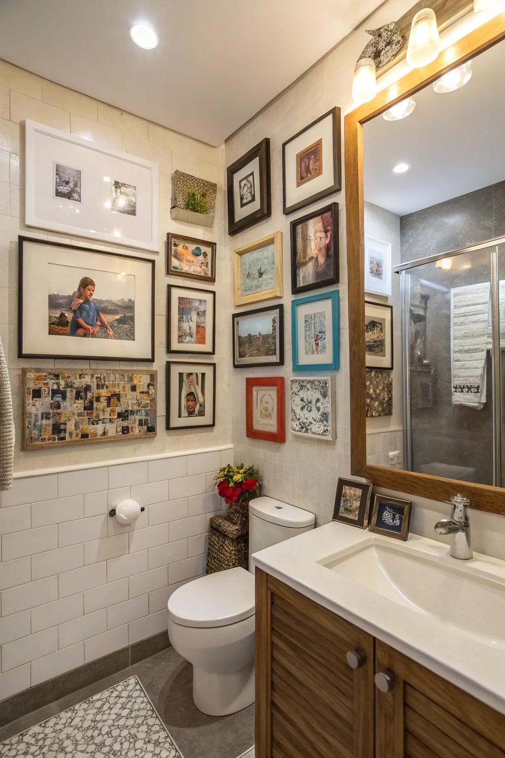 A gallery wall enriches any bathroom with individuality and nuance.