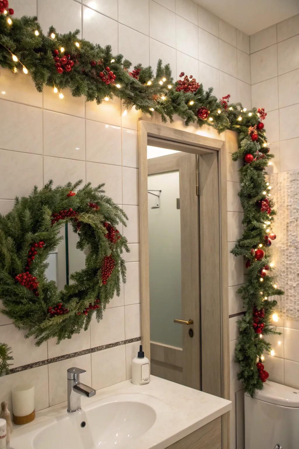 A bough accompanied by festoon transforms this lavatory into an intimate holiday getaway.