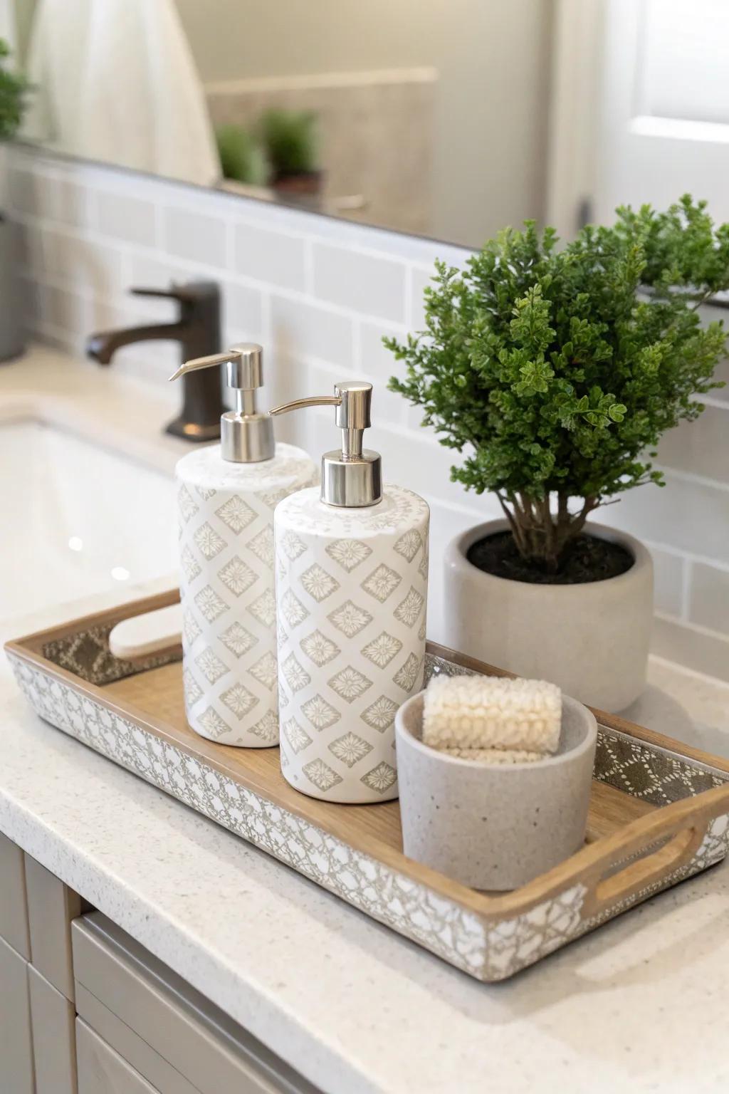 A decorative plateau elevates the order and aesthetics of your bathroom counter.