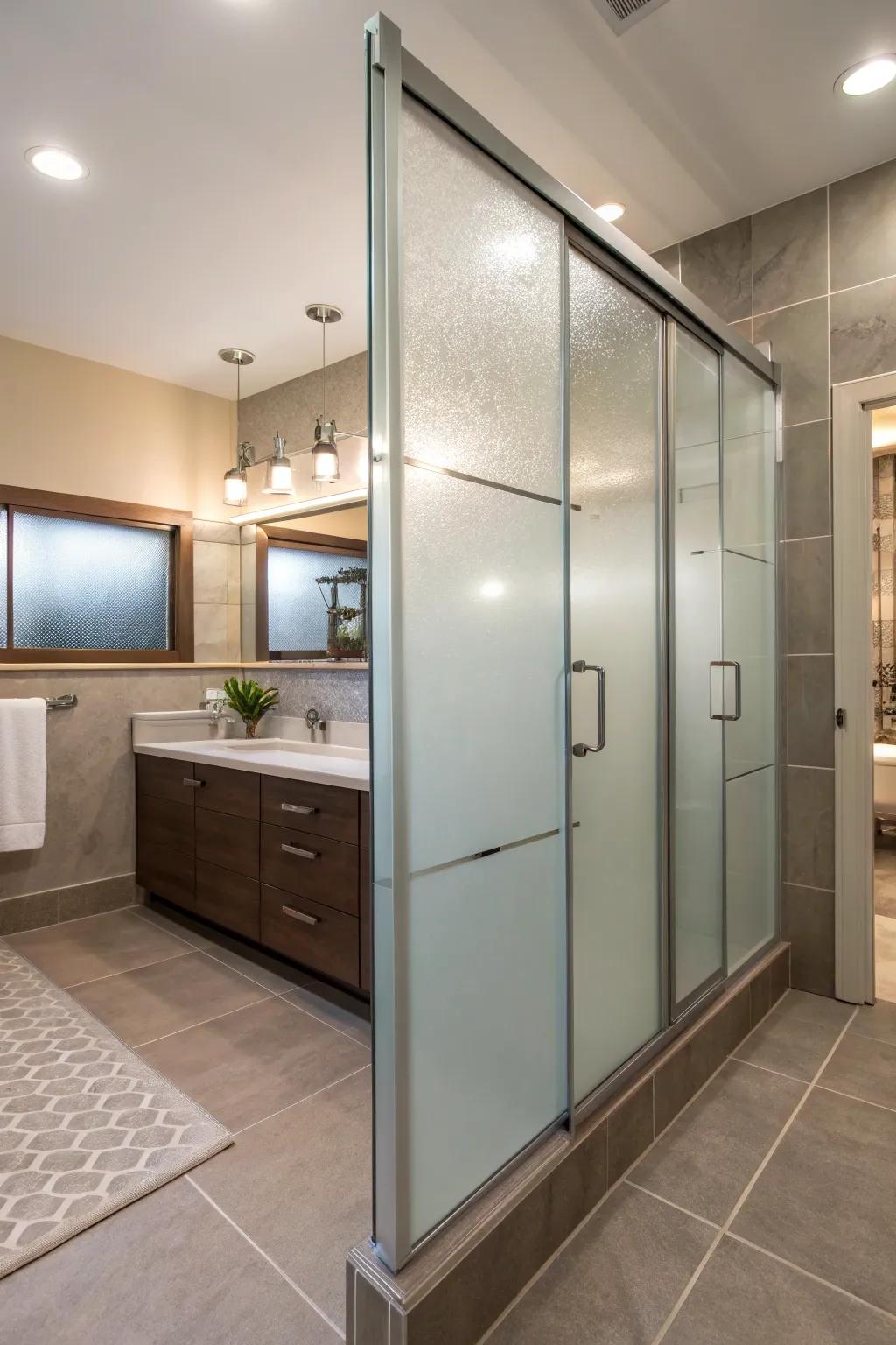 Frosted glass panels provide privacy while keeping the space light and airy.