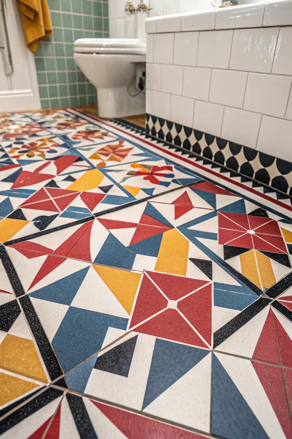 Tessellated schematics bestow a lively spirit upon your restroom's ground.