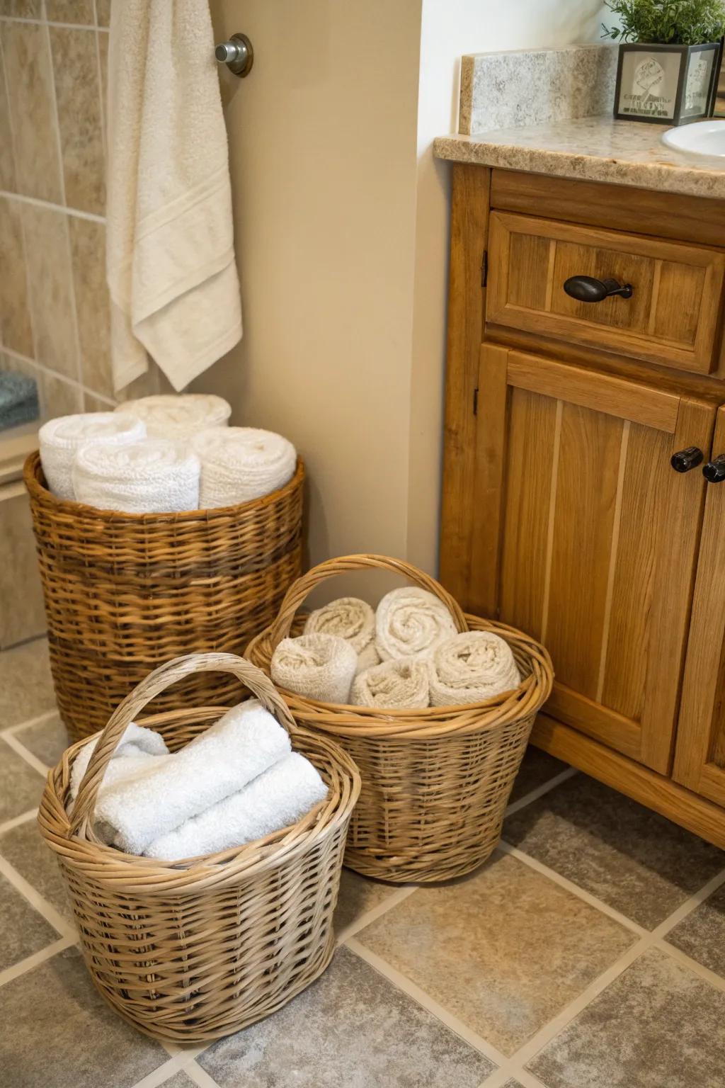 Wicker baskets offer a charming, rustic touch to towel storage.
