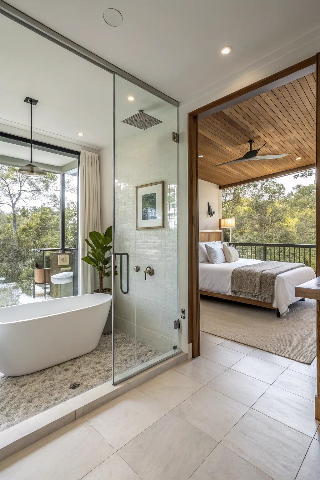 An open-concept bathroom creates a seamless transition between spaces.