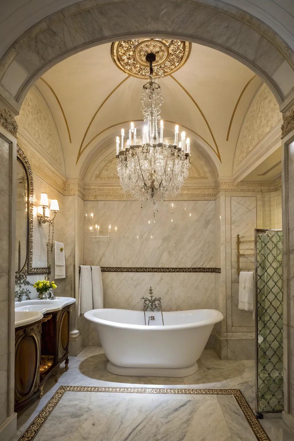 A chandelier adds a touch of luxury over the bathtub.
