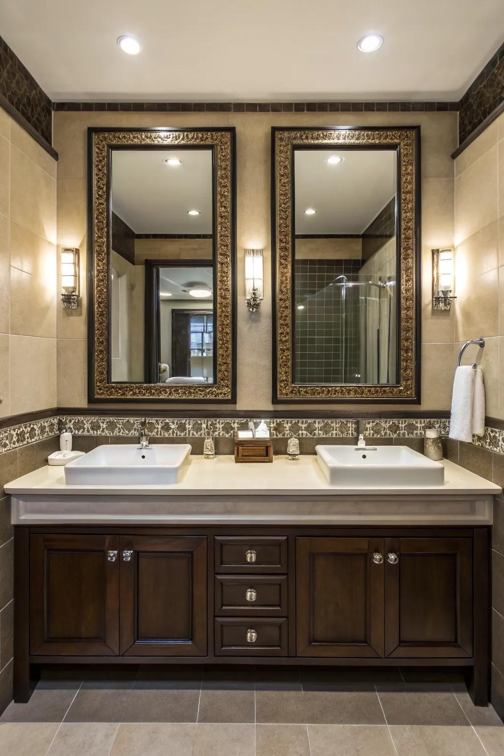 Twin mirrors offer symmetry and personal space in a double vanity setup.